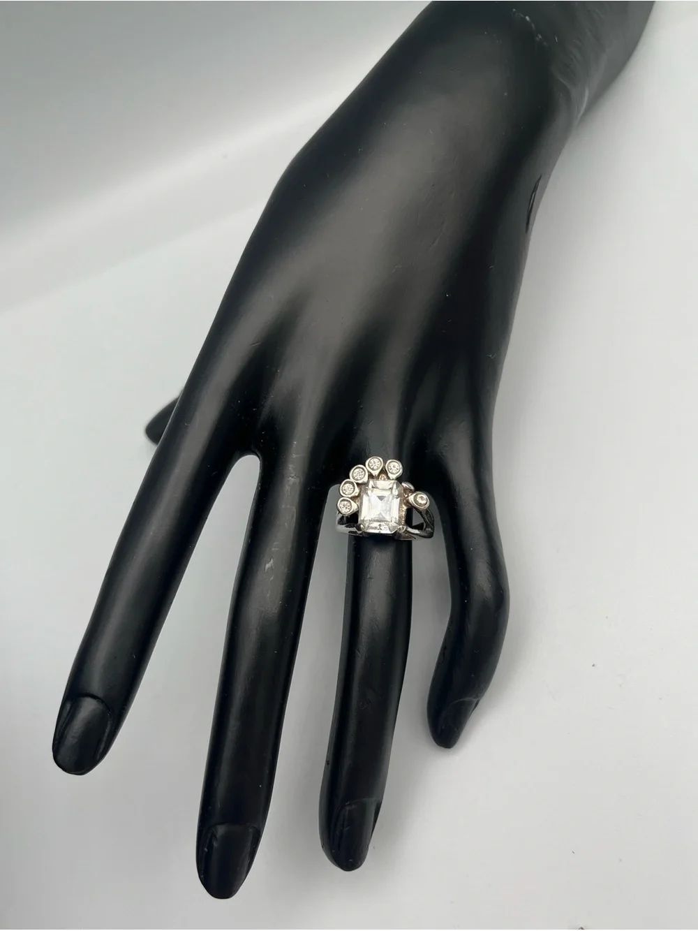 Eisenberg Vintage Sterling Silver Clear Emerald-Cut Cluster Cocktail Ring White